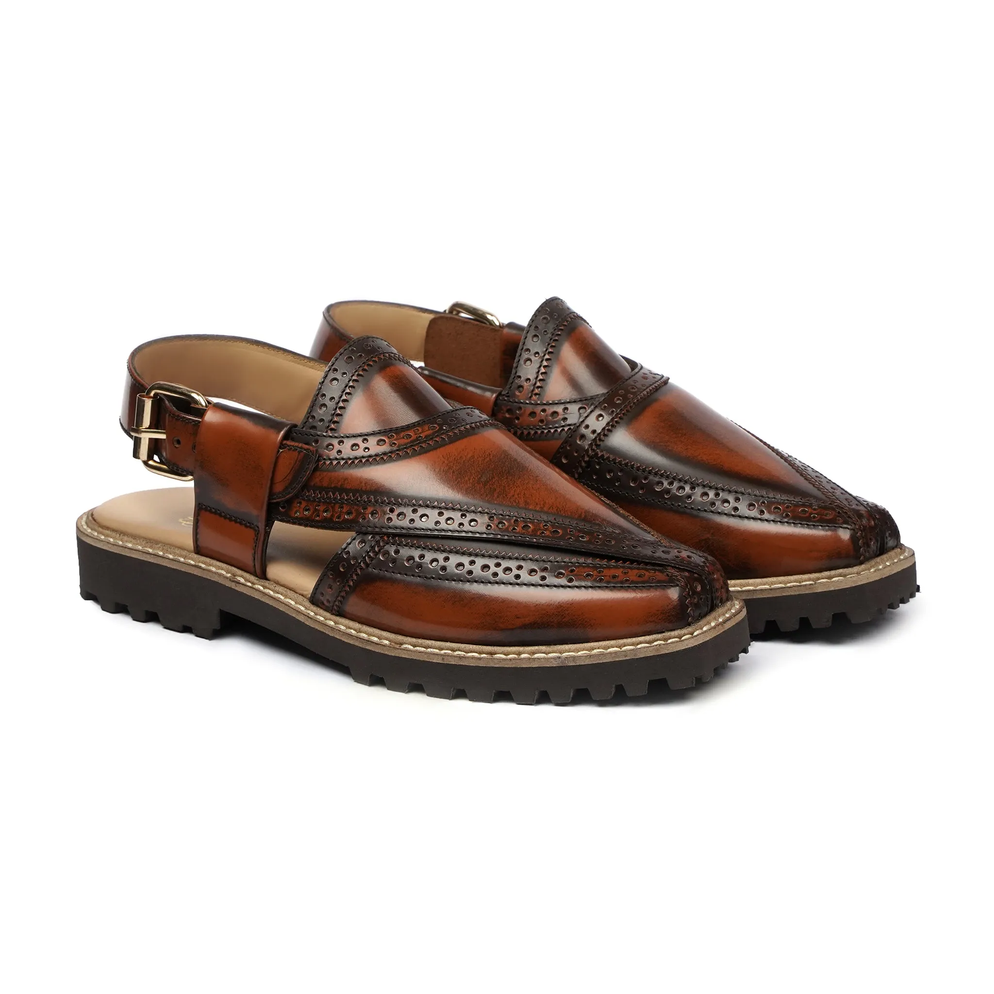 Saya - Men's Burnished Brown Box Leather High Shine Sandal