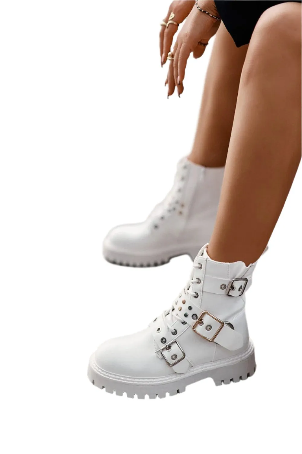 TEEK - White Grommet Belted Boots