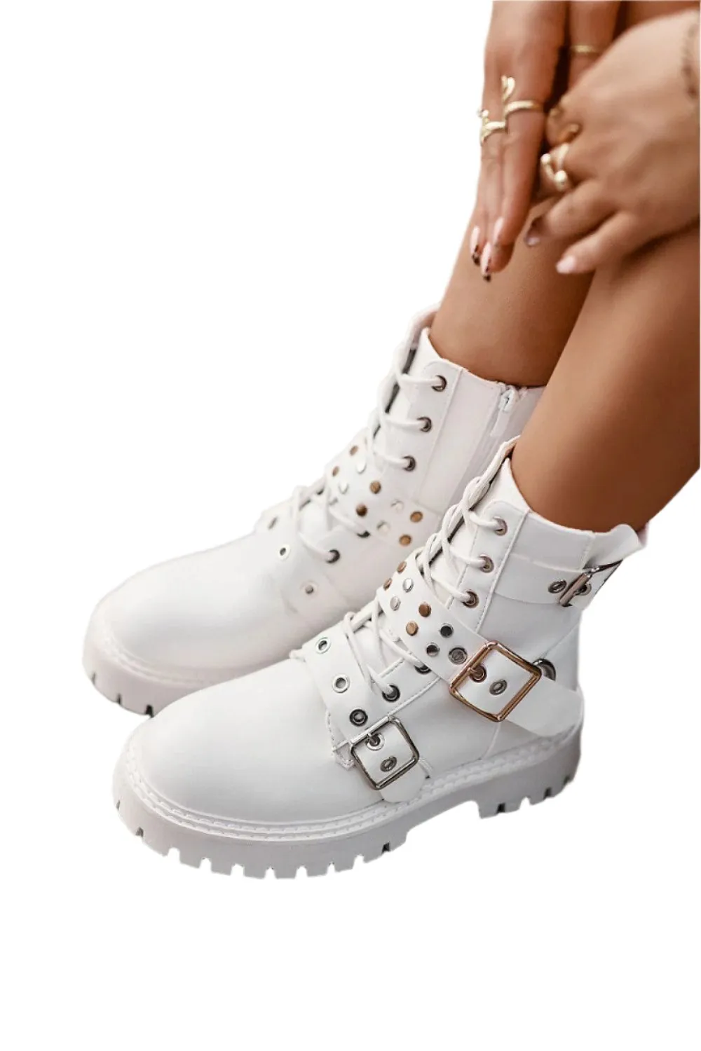 TEEK - White Grommet Belted Boots