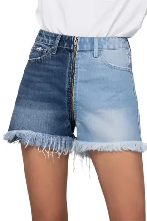 TEEK - Zipper Domination Long Fray Two Tone Denim Shorts