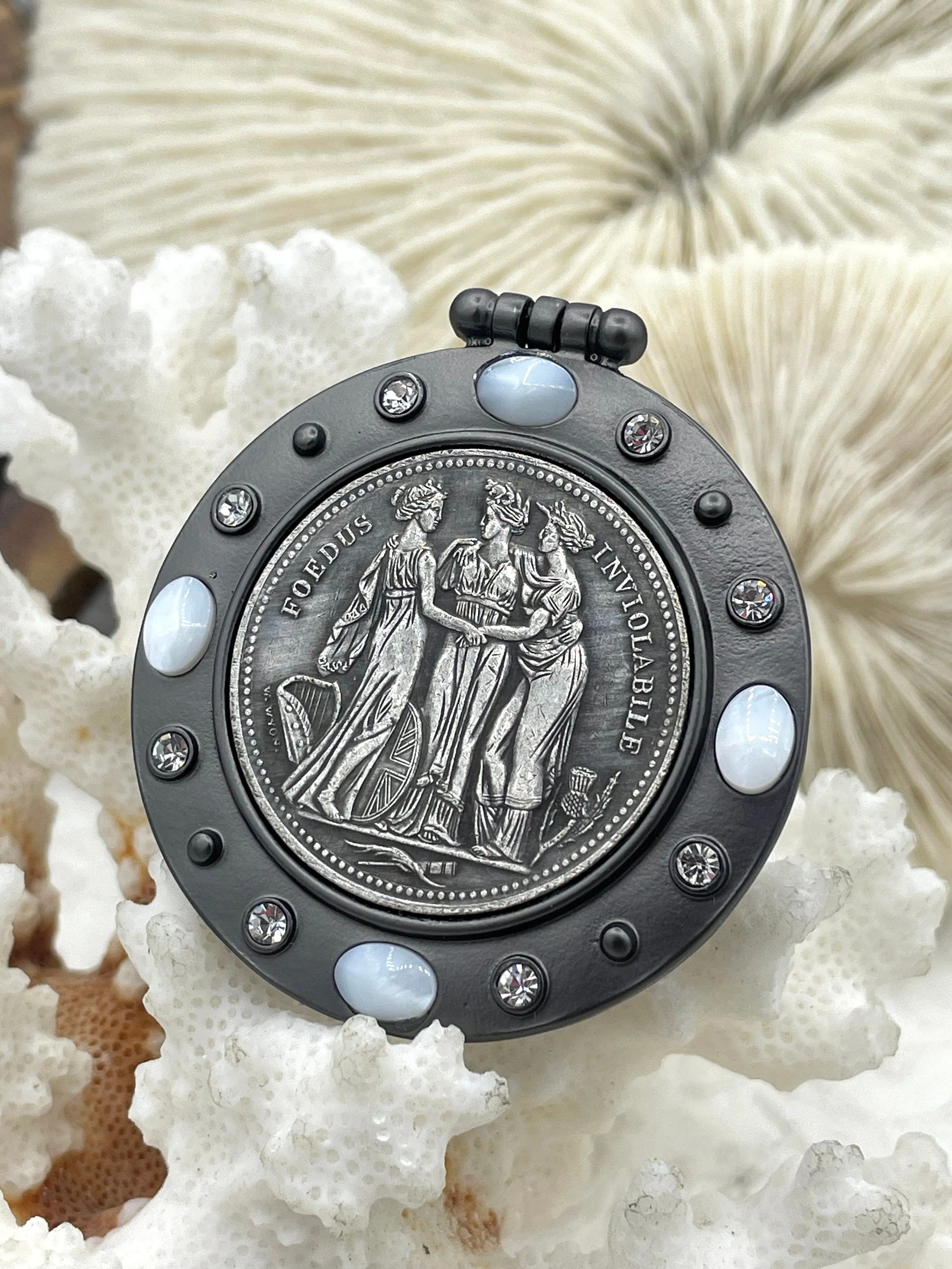 Three Graces Silver Coin Pendant, Reproduction Coin Pendant, Coin Bezel w/CZ - Mother of Pearl, Greek mythology Coin, BBA Original Fast Ship