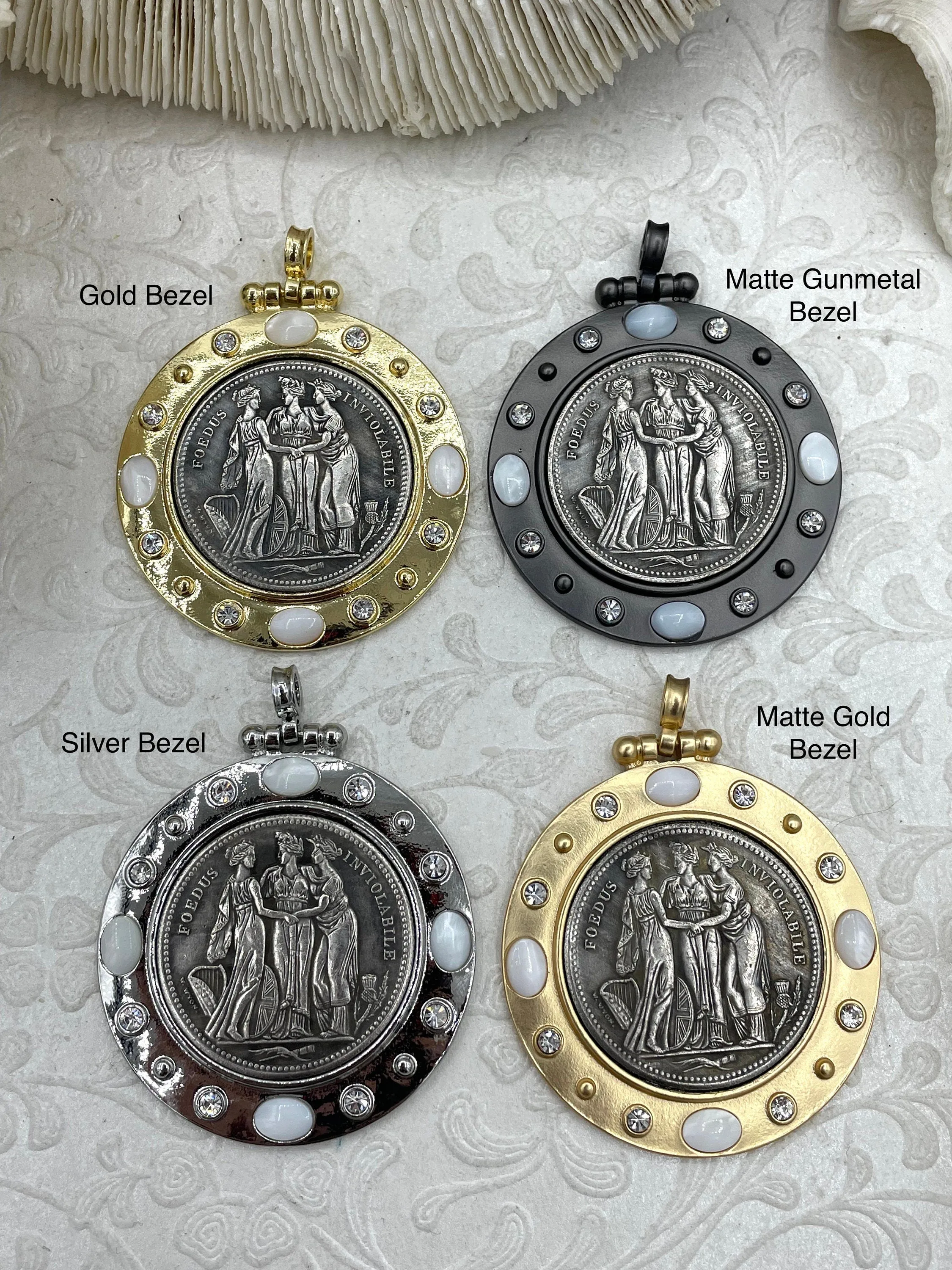 Three Graces Silver Coin Pendant, Reproduction Coin Pendant, Coin Bezel w/CZ - Mother of Pearl, Greek mythology Coin, BBA Original Fast Ship