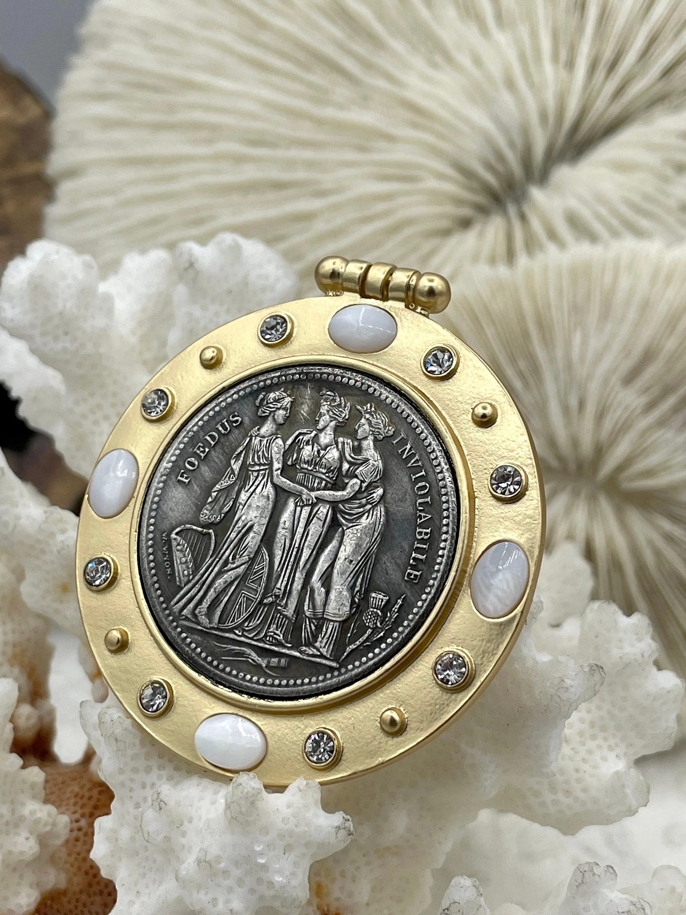 Three Graces Silver Coin Pendant, Reproduction Coin Pendant, Coin Bezel w/CZ - Mother of Pearl, Greek mythology Coin, BBA Original Fast Ship