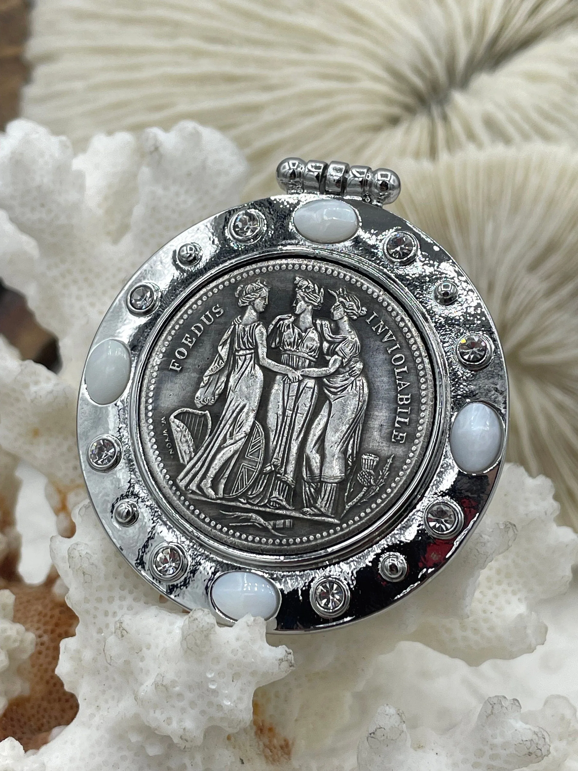 Three Graces Silver Coin Pendant, Reproduction Coin Pendant, Coin Bezel w/CZ - Mother of Pearl, Greek mythology Coin, BBA Original Fast Ship