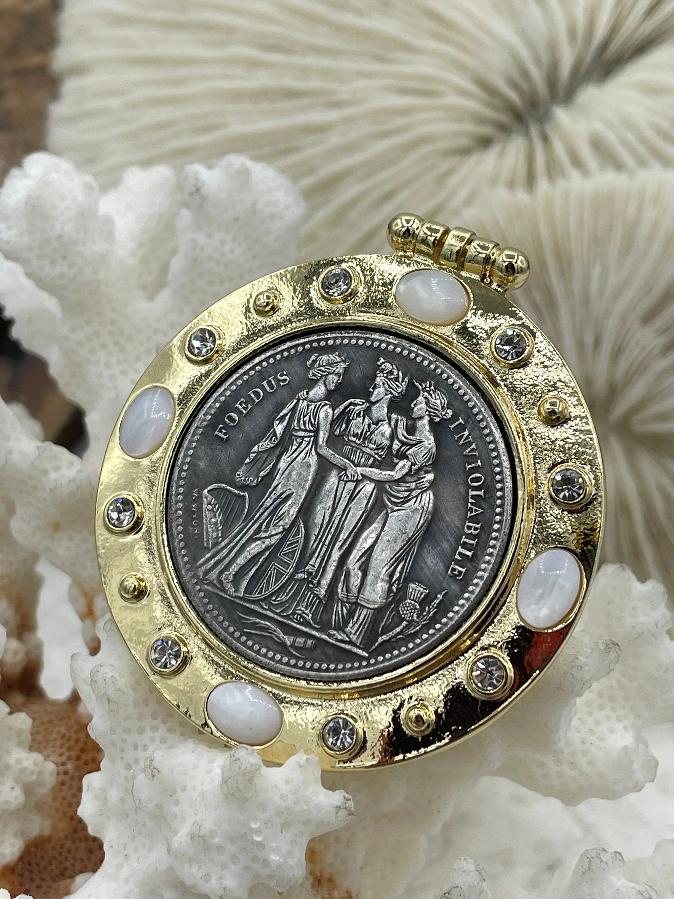 Three Graces Silver Coin Pendant, Reproduction Coin Pendant, Coin Bezel w/CZ - Mother of Pearl, Greek mythology Coin, BBA Original Fast Ship