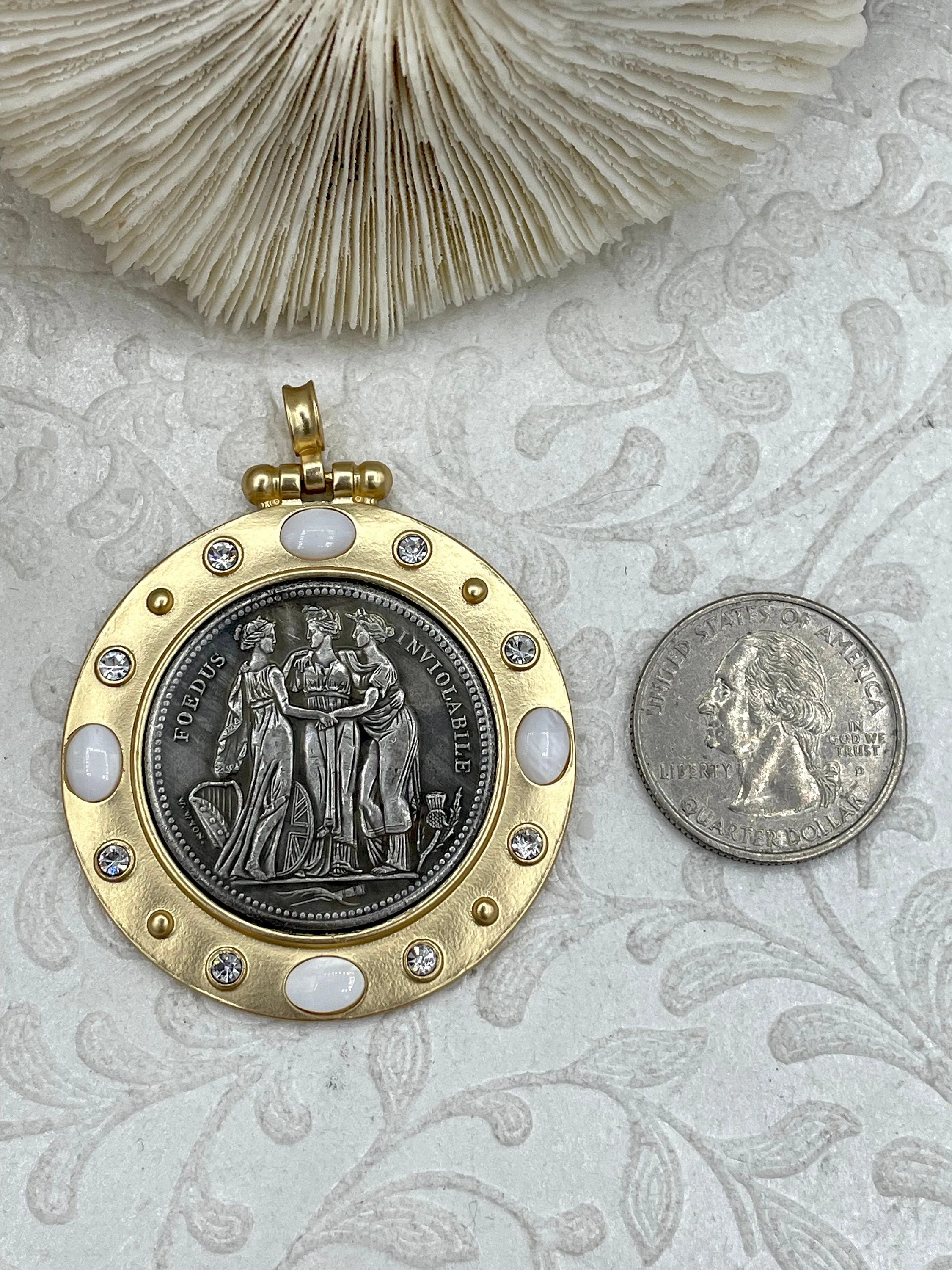 Three Graces Silver Coin Pendant, Reproduction Coin Pendant, Coin Bezel w/CZ - Mother of Pearl, Greek mythology Coin, BBA Original Fast Ship