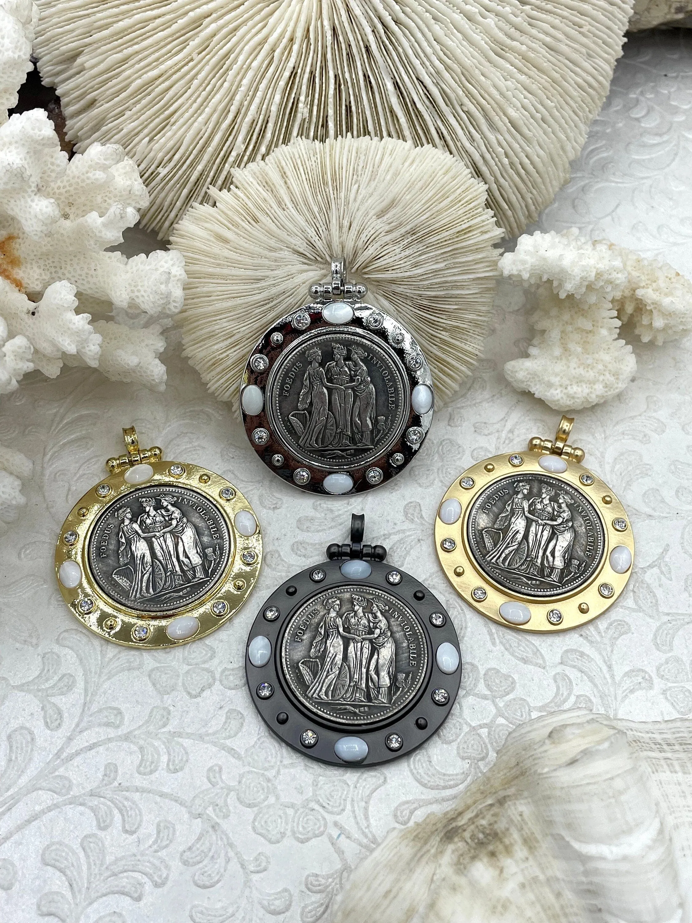 Three Graces Silver Coin Pendant, Reproduction Coin Pendant, Coin Bezel w/CZ - Mother of Pearl, Greek mythology Coin, BBA Original Fast Ship