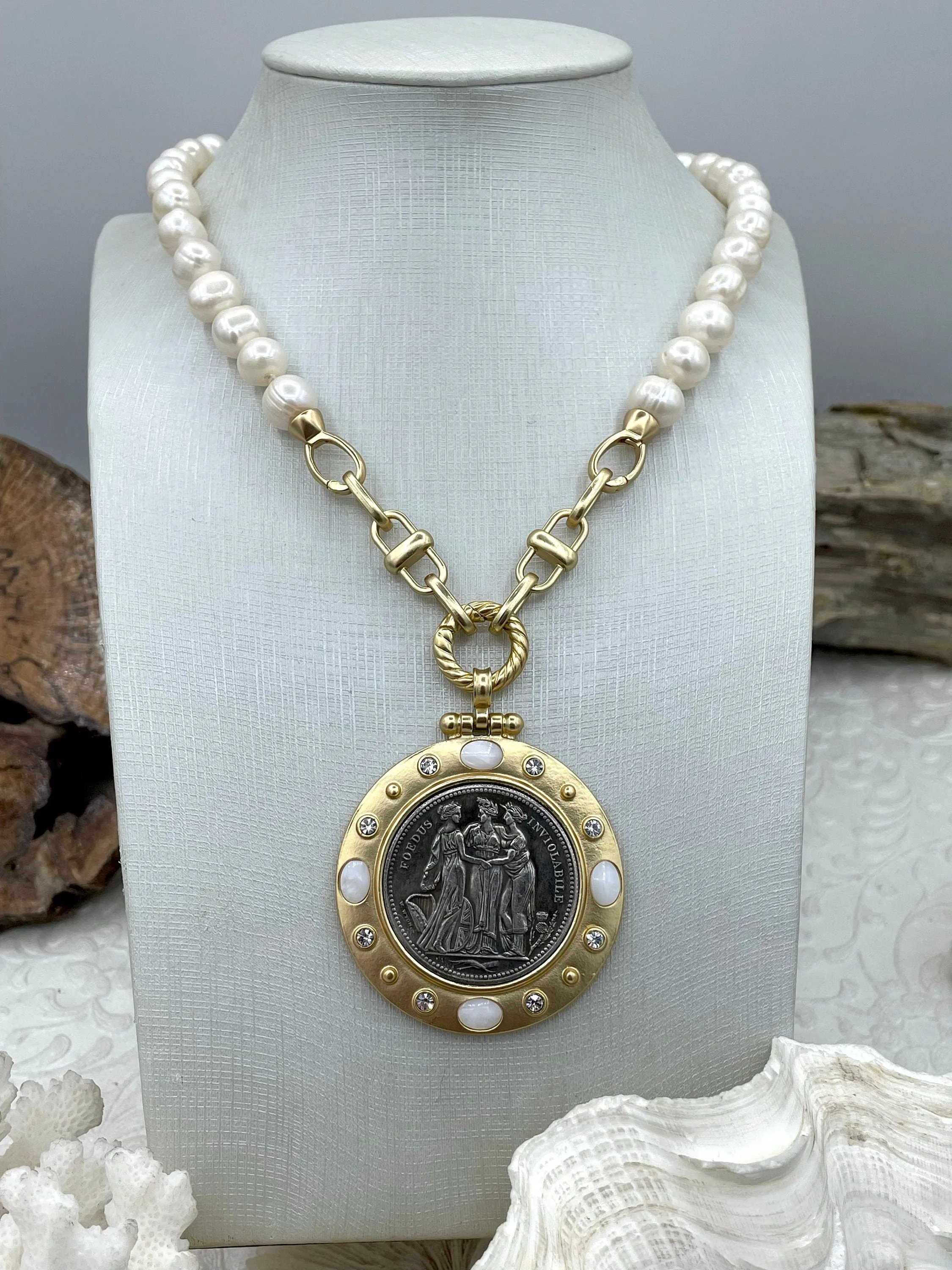 Three Graces Silver Coin Pendant, Reproduction Coin Pendant, Coin Bezel w/CZ - Mother of Pearl, Greek mythology Coin, BBA Original Fast Ship