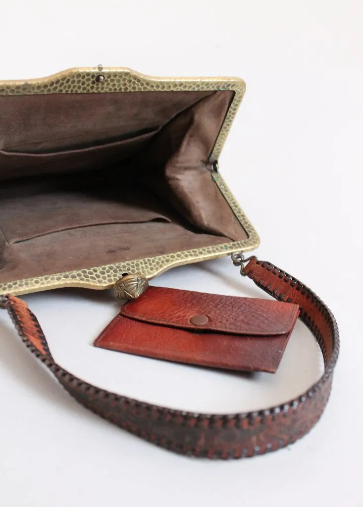 Exquisite 1920s Meeker Vintage Purse with Intricate Tooled Leather Design and Ornate Celluloid Clasp