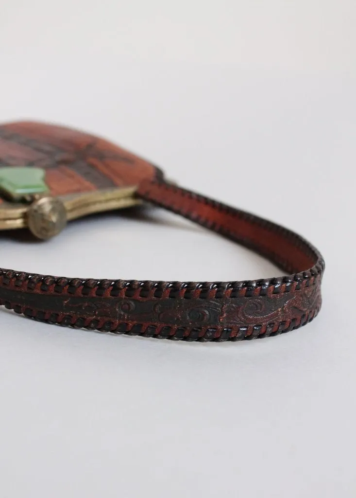 Exquisite 1920s Meeker Vintage Purse with Intricate Tooled Leather Design and Ornate Celluloid Clasp