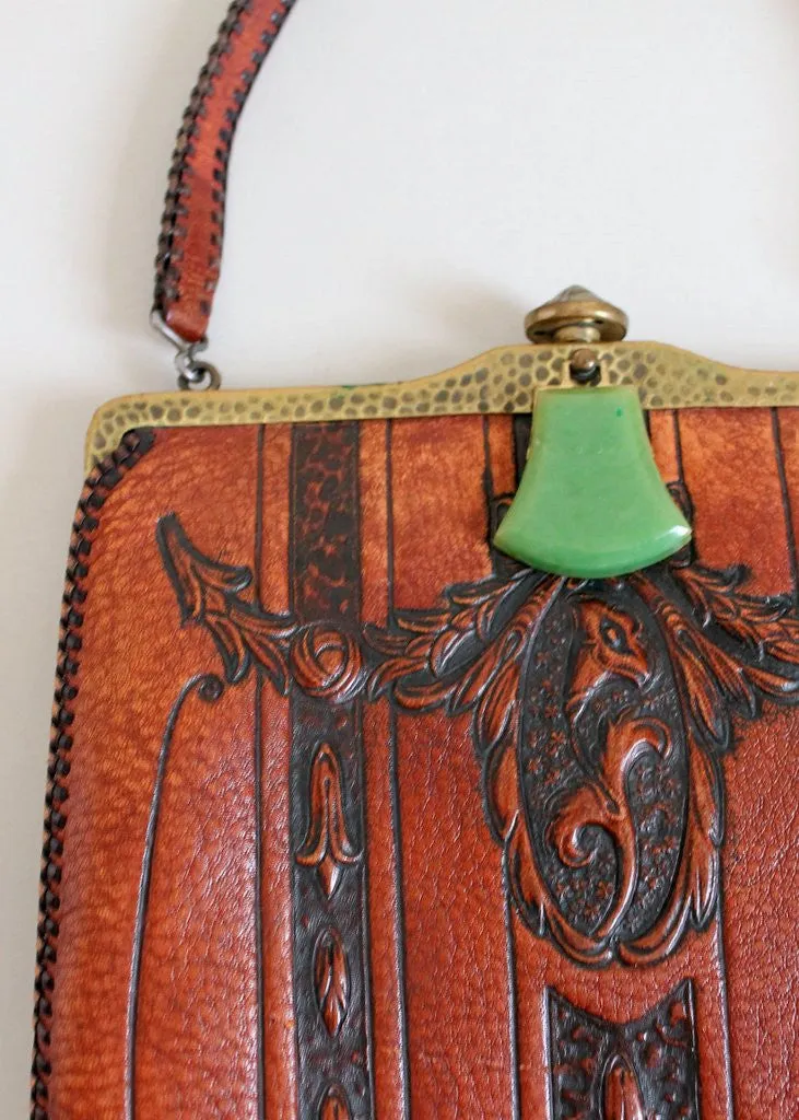 Exquisite 1920s Meeker Vintage Purse with Intricate Tooled Leather Design and Ornate Celluloid Clasp