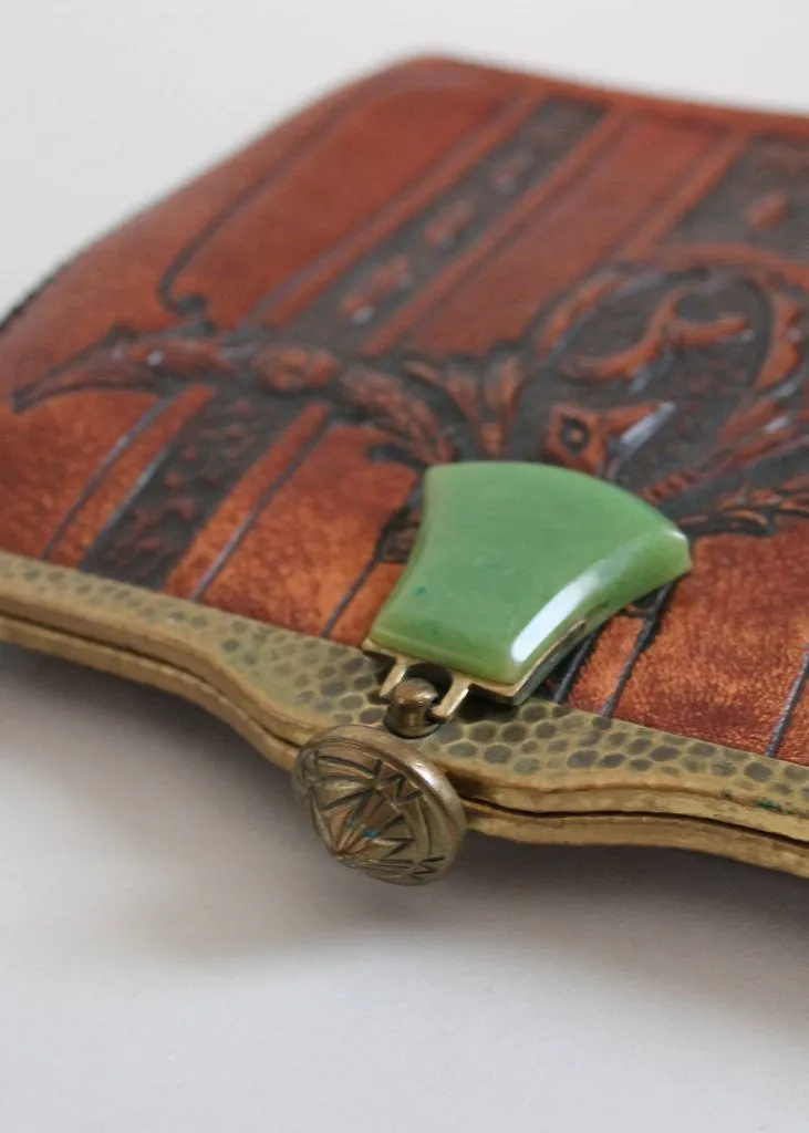 Exquisite 1920s Meeker Vintage Purse with Intricate Tooled Leather Design and Ornate Celluloid Clasp