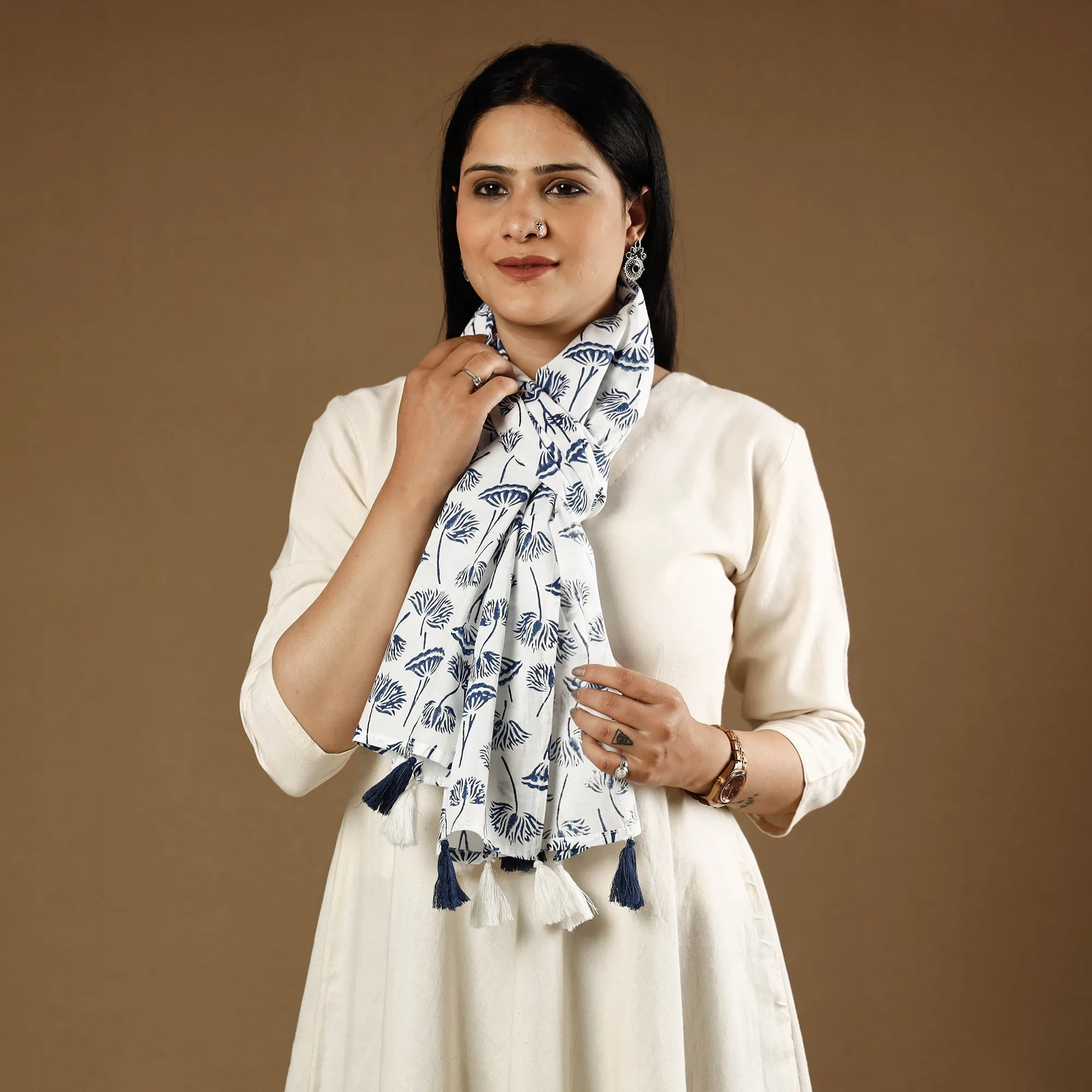 White - Bellflower Sanganeri Block Printed Cotton Stoles With Tassels