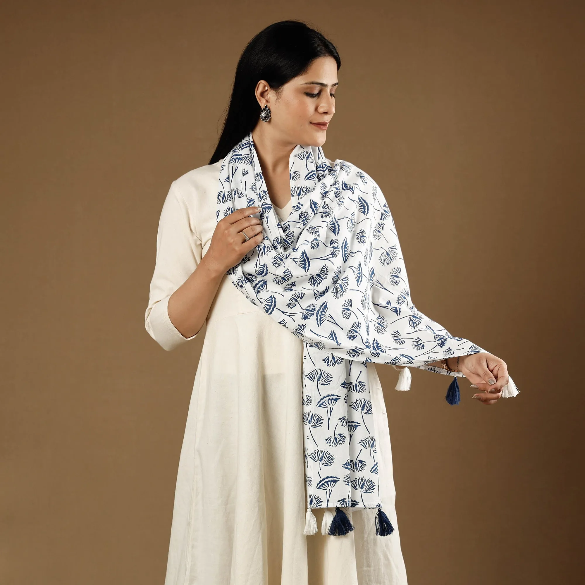 White - Bellflower Sanganeri Block Printed Cotton Stoles With Tassels