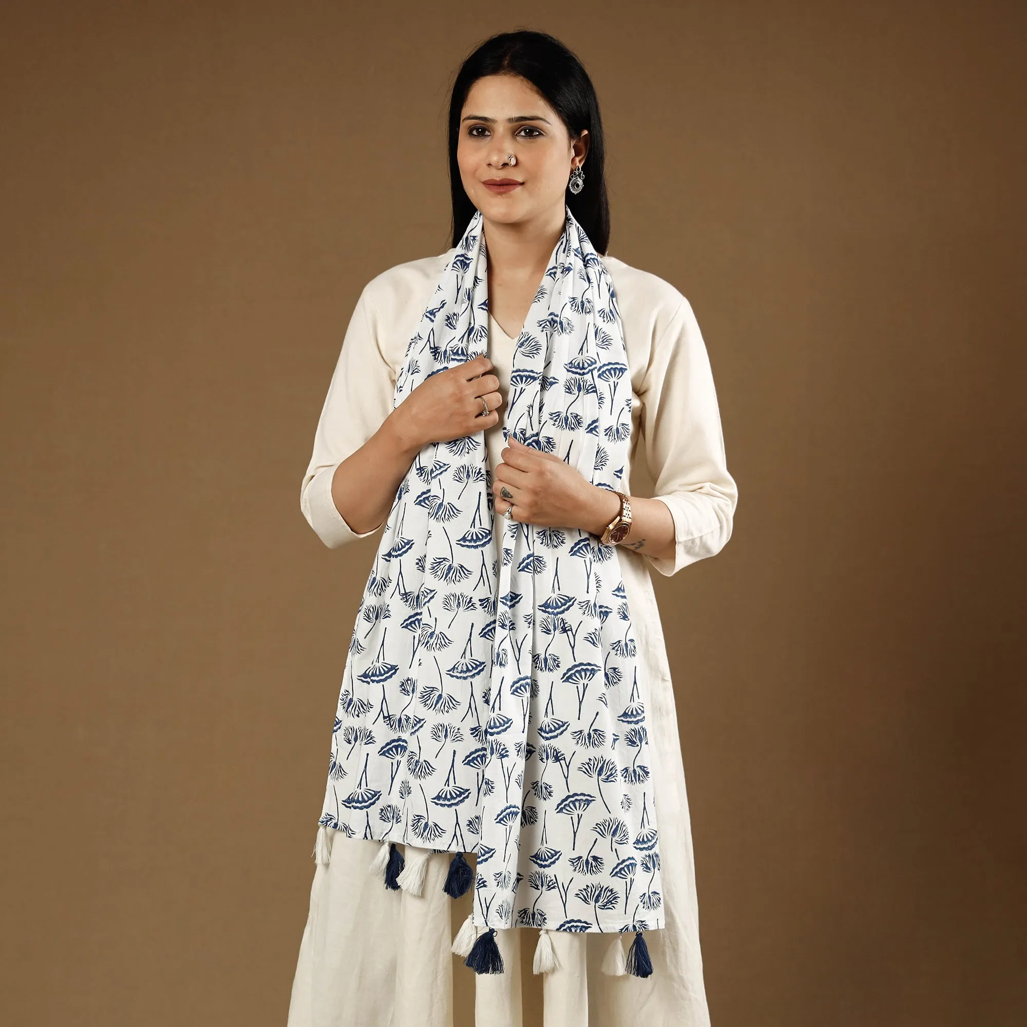 White - Bellflower Sanganeri Block Printed Cotton Stoles With Tassels