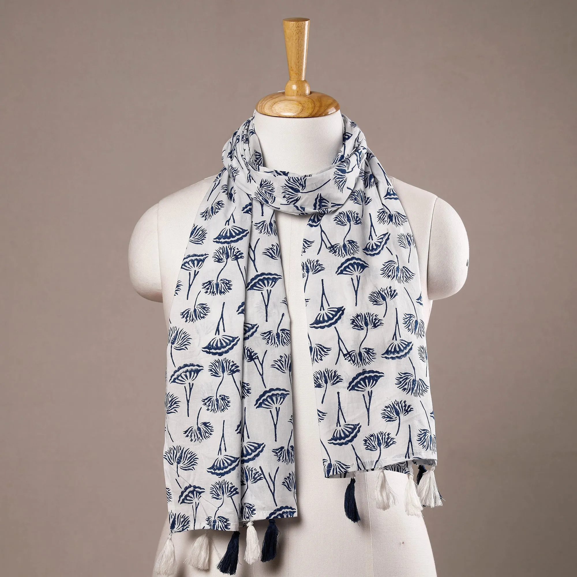 White - Bellflower Sanganeri Block Printed Cotton Stoles With Tassels