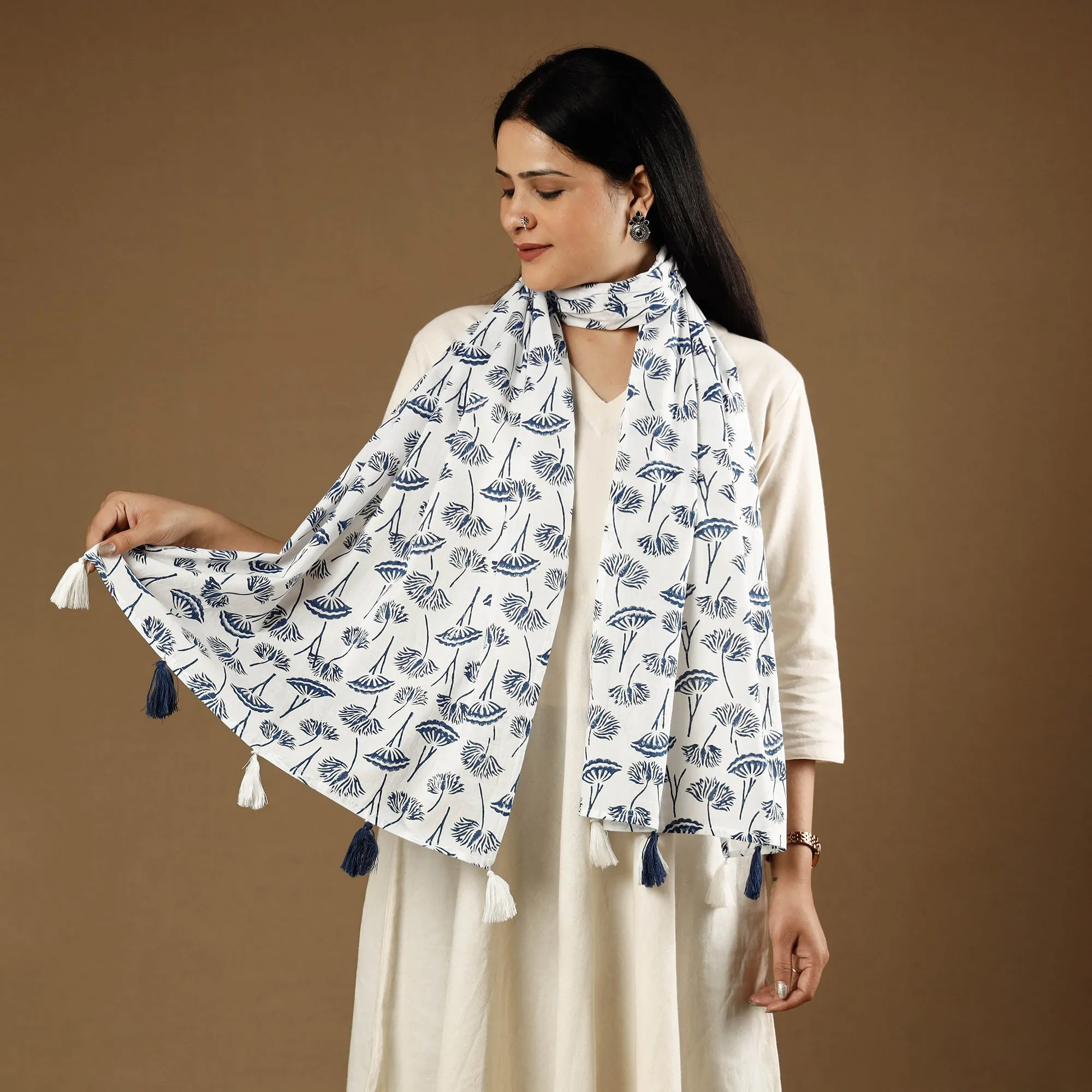 White - Bellflower Sanganeri Block Printed Cotton Stoles With Tassels