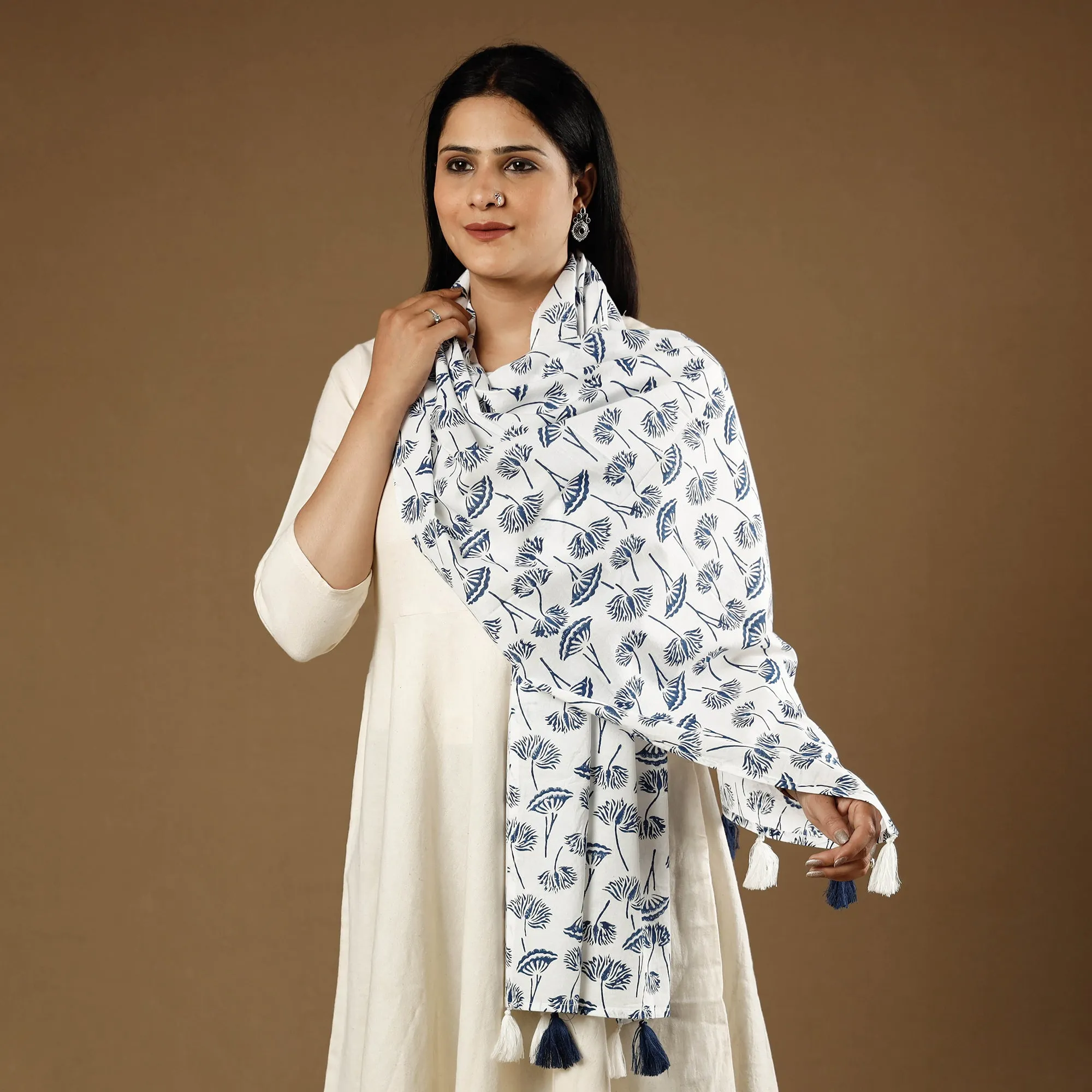 White - Bellflower Sanganeri Block Printed Cotton Stoles With Tassels