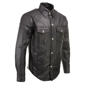 Xelement XS908B Men's 'Nickel' Black Leather Casual Biker Rider Shirt with Vintage Buffalo Buttons