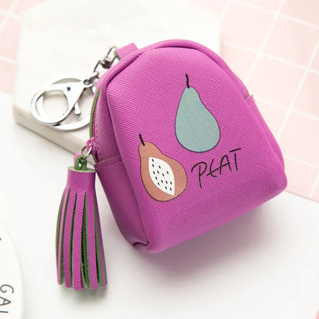 YIYOHI Kawaii Tassel PU Cute Rubbit /Cats /Fruits Zipper Plush Square Coin Purse Children Coin Bag Women Wallets With Key Chain