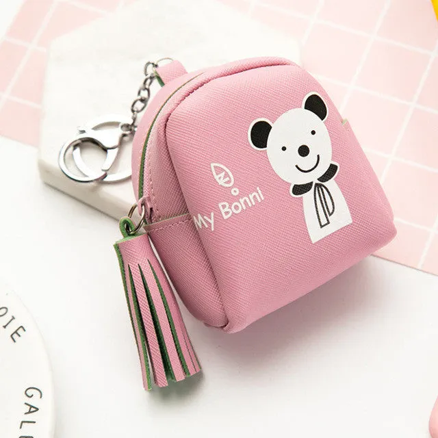 YIYOHI Kawaii Tassel PU Cute Rubbit /Cats /Fruits Zipper Plush Square Coin Purse Children Coin Bag Women Wallets With Key Chain