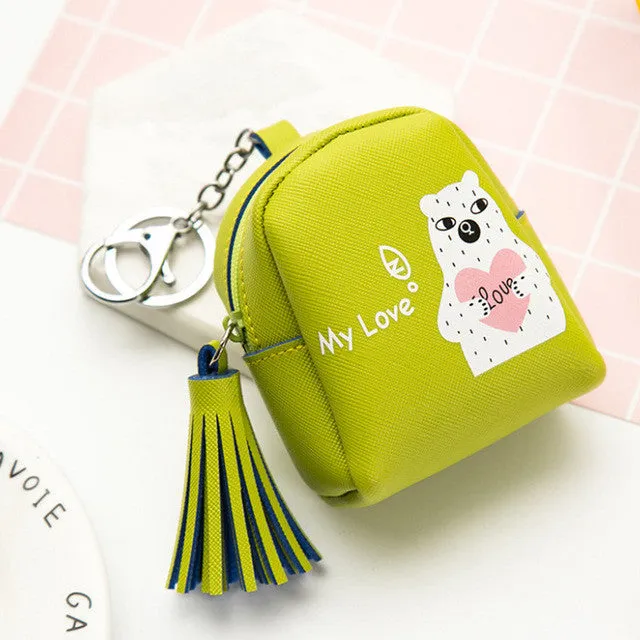 YIYOHI Kawaii Tassel PU Cute Rubbit /Cats /Fruits Zipper Plush Square Coin Purse Children Coin Bag Women Wallets With Key Chain