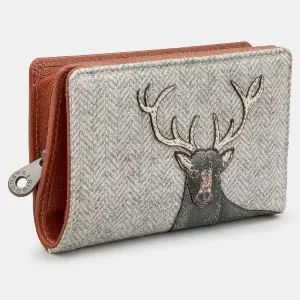 Yoshi Brown   Tweed Highland Stag Zip Around Leather Purse